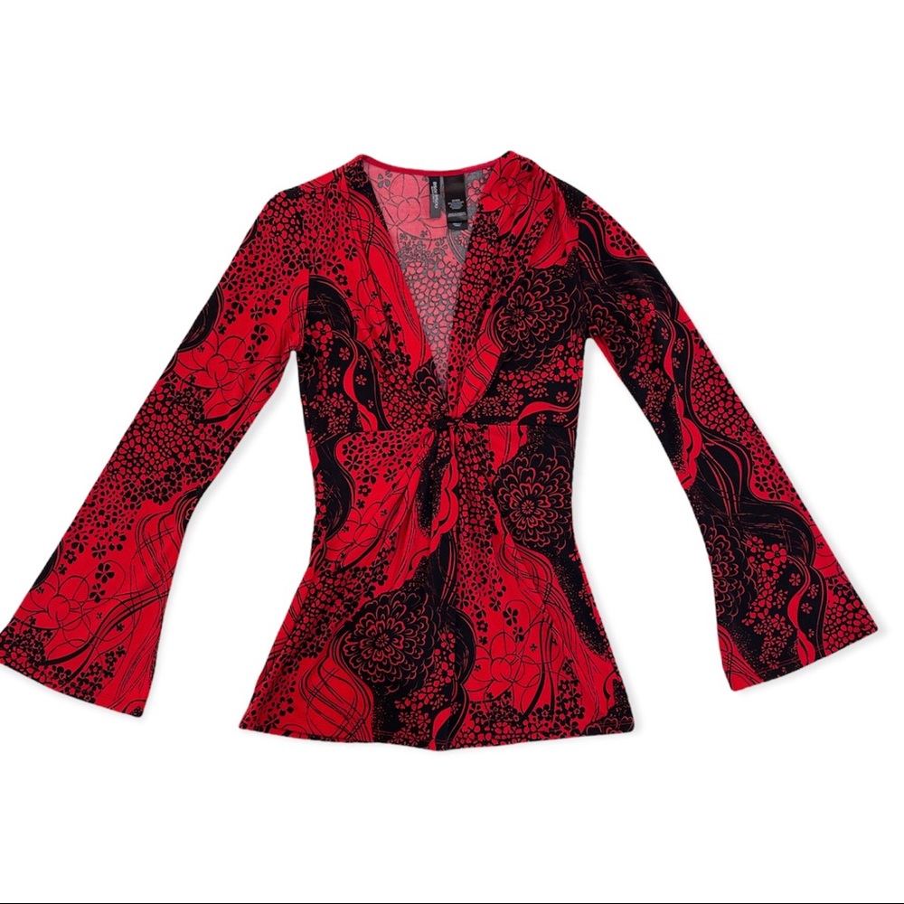 Bisou Bisou Red and Black Long Sleeve Belle Bottom Sleeve Deep V Neck Valentine